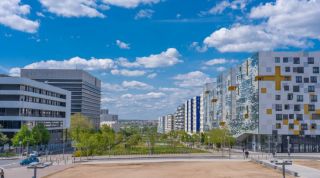 Nanterre, France - 05 02 2021: La Defense district. View of modern buildings from Terrace of the Arch